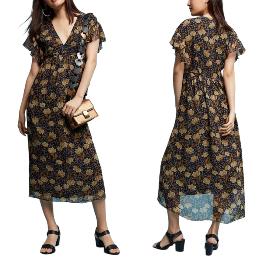 Anthropologie Blue Tassel Hattie Black Floral V-Neck Ruffle A-Line Midi Dress XS